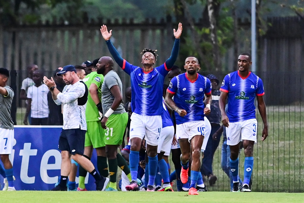 PIETERMARITZBURG, SOUTH AFRICA - JANUARY 15: Maritzburg celebrate the second goal during the DStv Premiership match between Maritzburg United and Royal AM at Harry Gwala Stadium on January 15, 2023 in Pietermaritzburg, South Africa. (Photo by Darren Stewart/Gallo Images)