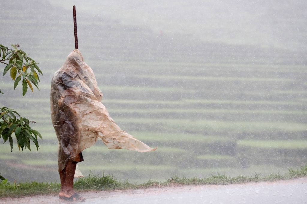 Man sheltering under a plastic bag in heavy rain. Madagascar. 