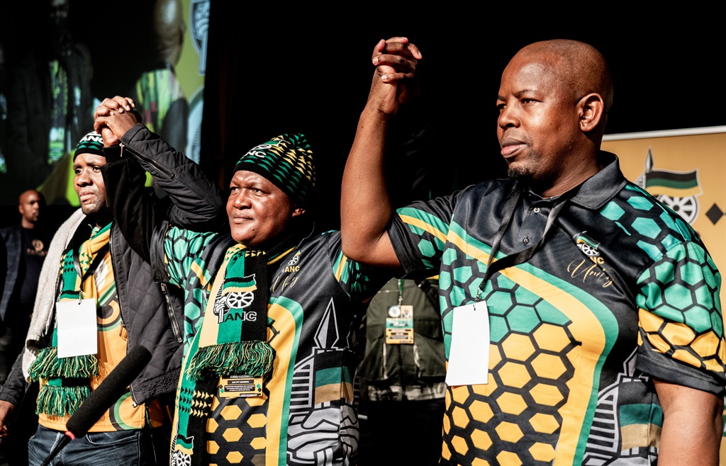 Incoming eThekwini leadership in the ANC: deputy chair Themba Ntuli, secretary Musa Nciki and deputy secretary Nkosenhle Madlala. (Kayleen Morgan, News24)