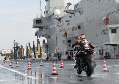 <b>TO THE MAX:</b> Multiple World champion Max Biaggi tested Pirelli's Angel GT tyres on a flight deck of an aircraft carrier. <i>IMAGE: Pirelli</i>