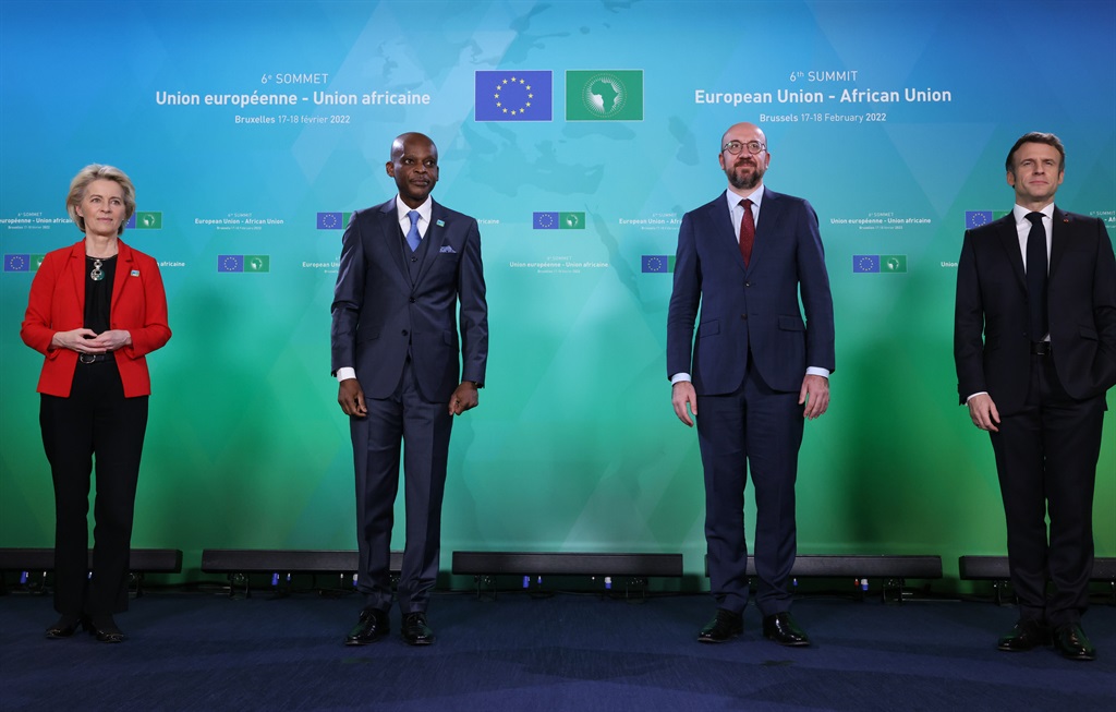 Ursula von der Leyen, president of the European Commission (L), and Emmanuel Macron, France's president, (R) and Charles Michel (2nd R), president of the European Council welcome African leaders within the European Union - African Union Summit in Brussels, Belgium on February 17, 2022. 