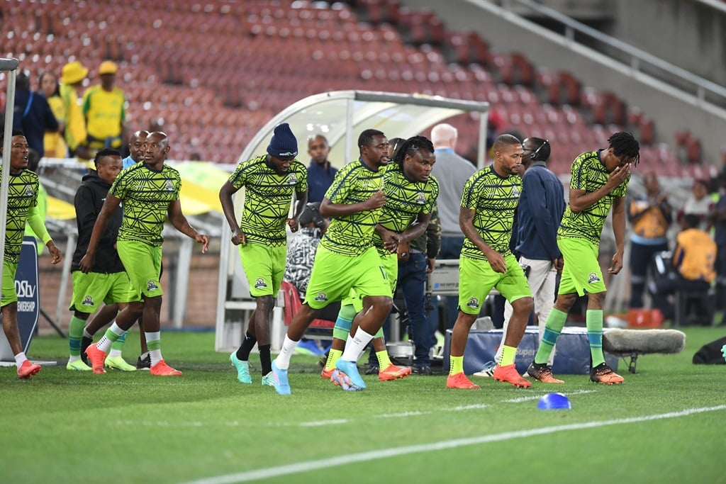 POLOKWANE, SOUTH AFRICA - MAY 06: Players warms up ahead of kick-off before the DStv Premiership match between Marumo Gallants FC and Mamelodi Sundowns at Peter Mokaba Stadium on May 06, 2023 in Polokwane, South Africa. (Photo by Philip Maeta/Gallo Images)
