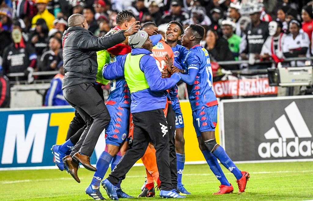SuperSport United players celebrate after winning on penalties against Orlando Pirates in their MTN 8 quarterfinal match. Picture: Sydney Seshibedi/Gallo Images