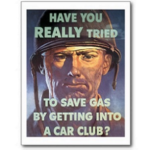 1944 poster encouraging carpooling to save fuel for the war effort.
