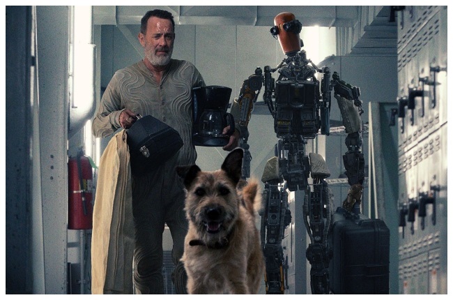 In a post-apocalyptic world, gravely ill Finch (Tom Hanks) builds 
a robot (Caleb Landry Jones) to take care of his dog, Goodyear (Seamus). (PHOTO: Apple Inc.)