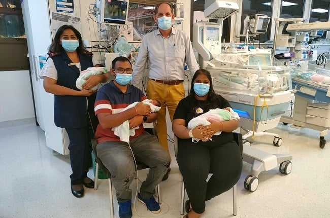 First time parents Amrish Surujballie and Sarika Srikissoon will be celebrating Mother’s Day this Sunday with their newborn triplets, who were born at Netcare St Augustine's Hospital on 4 May 2022. Photo: Supplied/ Netcare.