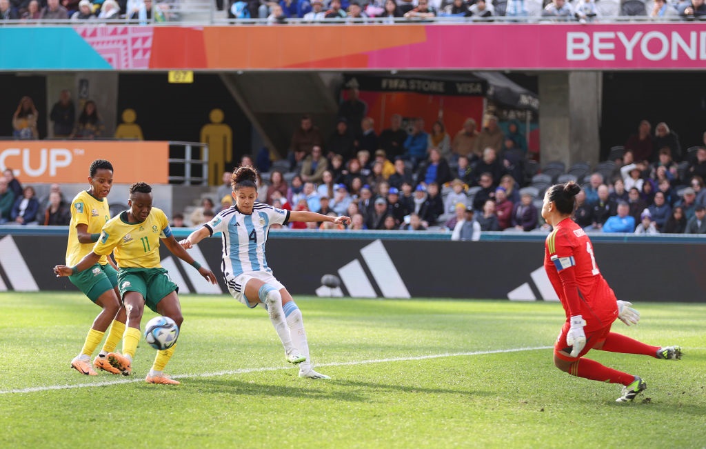 DUNEDIN, NEW ZEALAND - JULY 28: Thembi Kgatlana (2nd L) of South Africa scores her teams second goal during the FIFA Womens World Cup Australia & New Zealand 2023 Group G match between Argentina and South Africa at Dunedin Stadium on July 28, 2023 in Dunedin, New Zealand. (Photo by Lars Baron/Getty Images)
