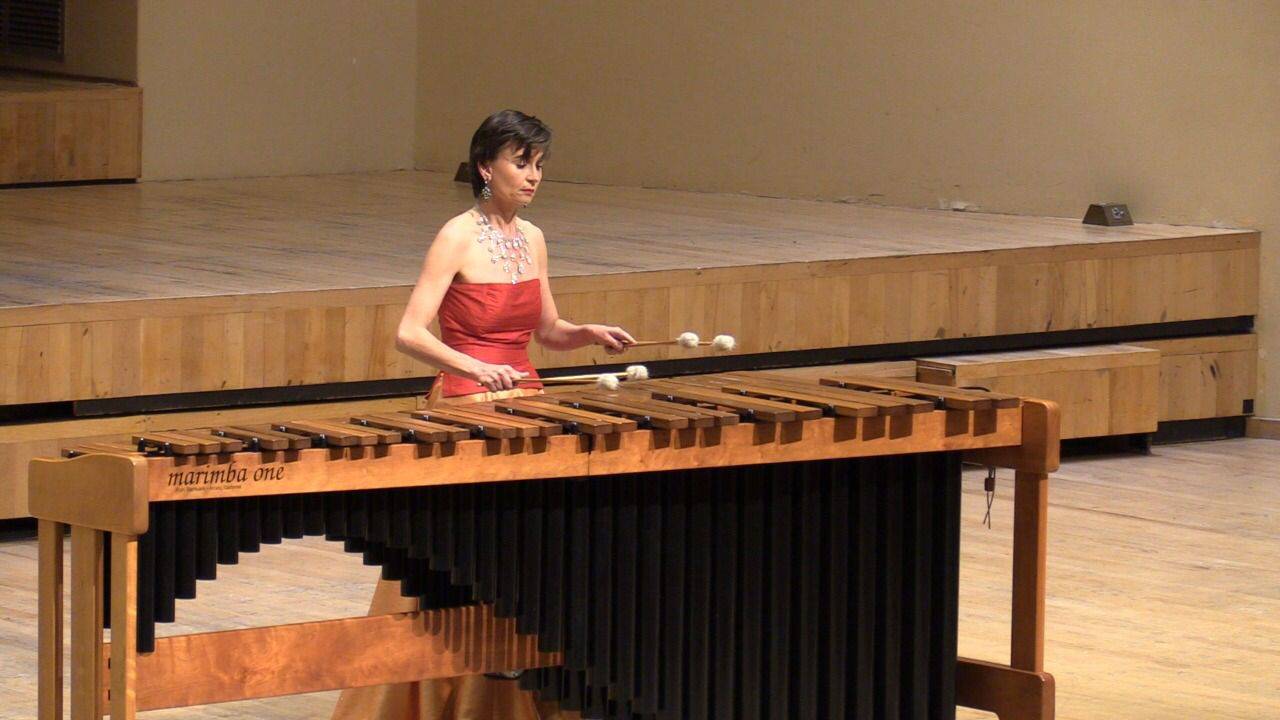 Magda de Vries voor haar Marimba One-instrument.  Foto: Verskaf
