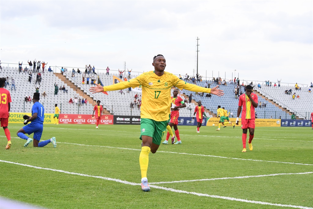 Thapelo Maseko of South Africa celebrates his goal during the U23 Africa Cup of Nations, Qualifier match between South Africa and Congo Brazzaville at Donsonville Stadium on March 23, 2023 in Johannesburg, South Africa. 