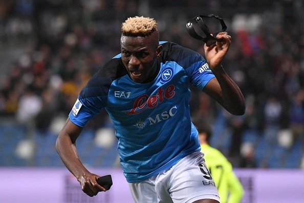 Victor Osimhen of Napoli celebrates after scoring his team's second goal during their Serie A match against Sassuolo