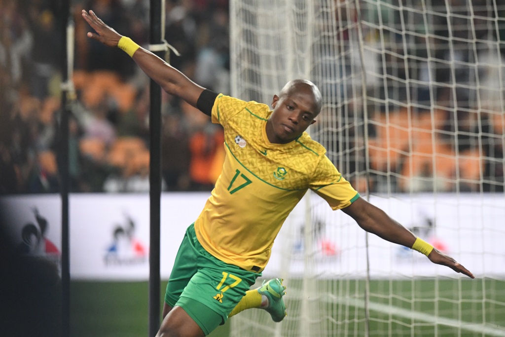 Zakhele Lepasa of South Africa celebrates after scoring during the Africa Cup of Nations, Qualifier match between South Africa and Morocco at FNB Stadium on June 17, 2023 in Johannesburg, South Africa. 