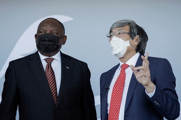 President Cyril Ramaphosa and Dr Patrick Soon-Shiong speak during the launch of NantSA in Cape Town.
