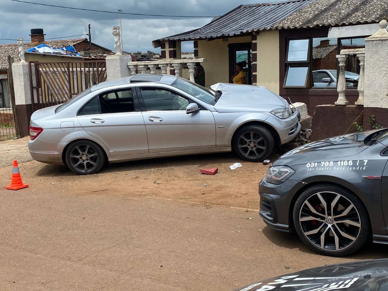 A car which crashed into a wall while attempting to stop one of the suspect who was escaping on foot in Sobantu following a housebreaking in Northdale.