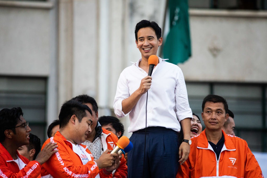 Pita Limjaroenrat, Move Forward Party leader and Prime Ministerial candidate, gives a speech during a celebratory parade after winning the most seats in the Thai General Election on May 15, 2023 in Bangkok, Thailand.