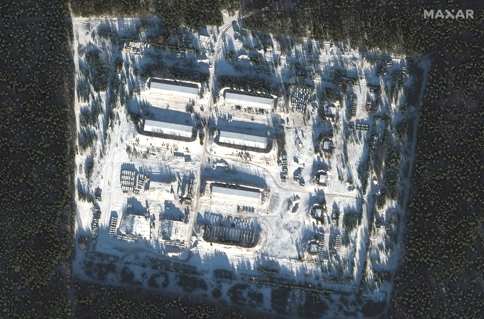 View of a military facility in Klintsy, Russia, about 20 miles from Ukraine, on Dec. 25, 2021. Satellite image ©2022 Maxar Technologies