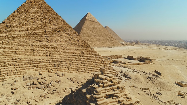Aerial shot of Great Pyramids of Giza. (Windfall F
