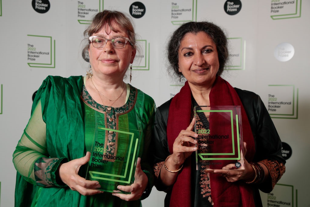 Daisy Rockwell and Geetanjali Shree on the red carpet with their winners medals at The 2022 International Booker Prize Winner Ceremony at One Marylebone on 26 May 2022 in London, England. (Photo: Shane Anthony Sinclair/Getty Images)