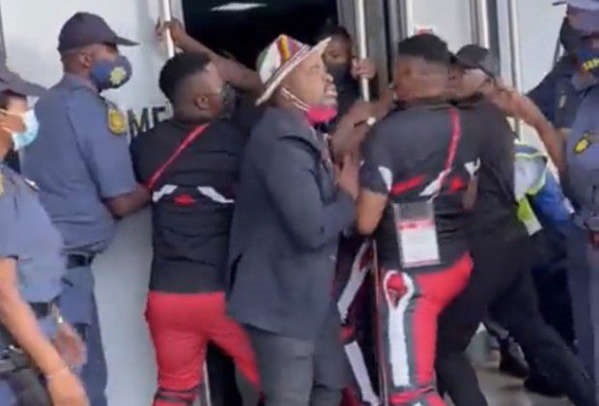 A screenshot of the video posted by TS Galaxy on their official Twitter account showing TS Galaxy chairperson Tim Sukazi being manhandled by security officials at Orlando Stadium at the DStv Premiership game against Orlando Pirates on 11 December 2021. 