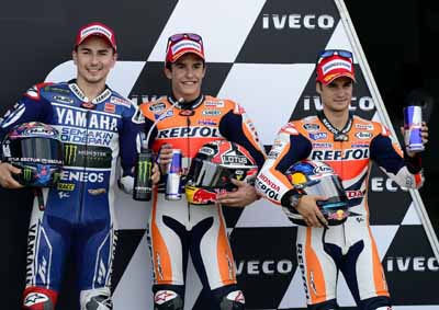 <b>IT'S THAT ROOKIE AGAIN:</b> Yamaha's Jorge Lorenzo (left), Honda's Marc Marquez and Dani Pedrosa after qualifying in the 2013 Spanish MotoGP. Marquez took pole from Lorenzo and Pedrosa. <i>Image: AFP</i>