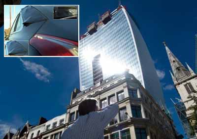 <b>DEATH RAYS:</B> London's newest skyscraper, dubbed the "Walkie Talkie" building has been blamed for melting parts of a Jaguar parked a few streets away. <i>Image: AFP/Youtube</i>