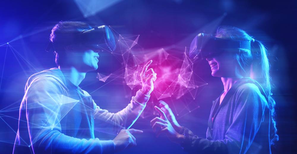 Two young people interacting in the metaverse.