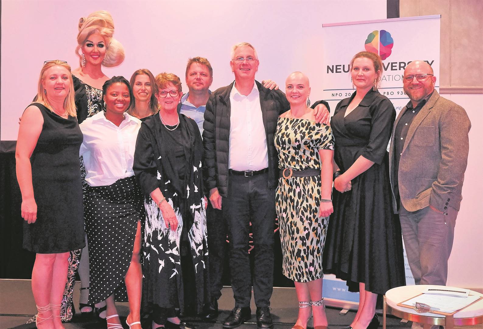 The board members of the Neurodiversity Foundation with the entertainer Cathy Specific (at back left). They are (back from left) Petra Truter and Ben Truter. In front are Noëline de Goede (director), Landisiwe Binza, Dr Adri van der Walt, Lukas Coetzee (chair), Adéle Smit (treasurer), Julie Hendricks and Flip Vorster.PHOTOs: Elria Hough/Golden String Media 