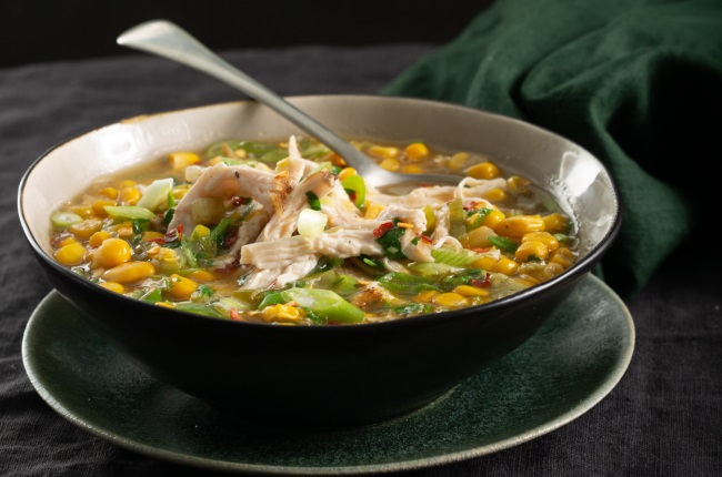 Hearty chicken and corn soup.