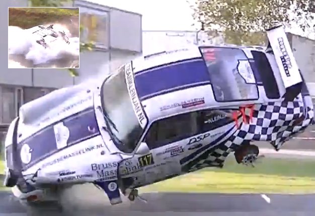 <b>MAYDAY! MAYDAY!: </b> Rally driver Harry Kleinjan and navigator Bart den Hartog were lucky to have escaped the horrendous crash at the 2013 Hellendoorn Rally in the Netherlands. <i>Image: YOUTUBE</i>
