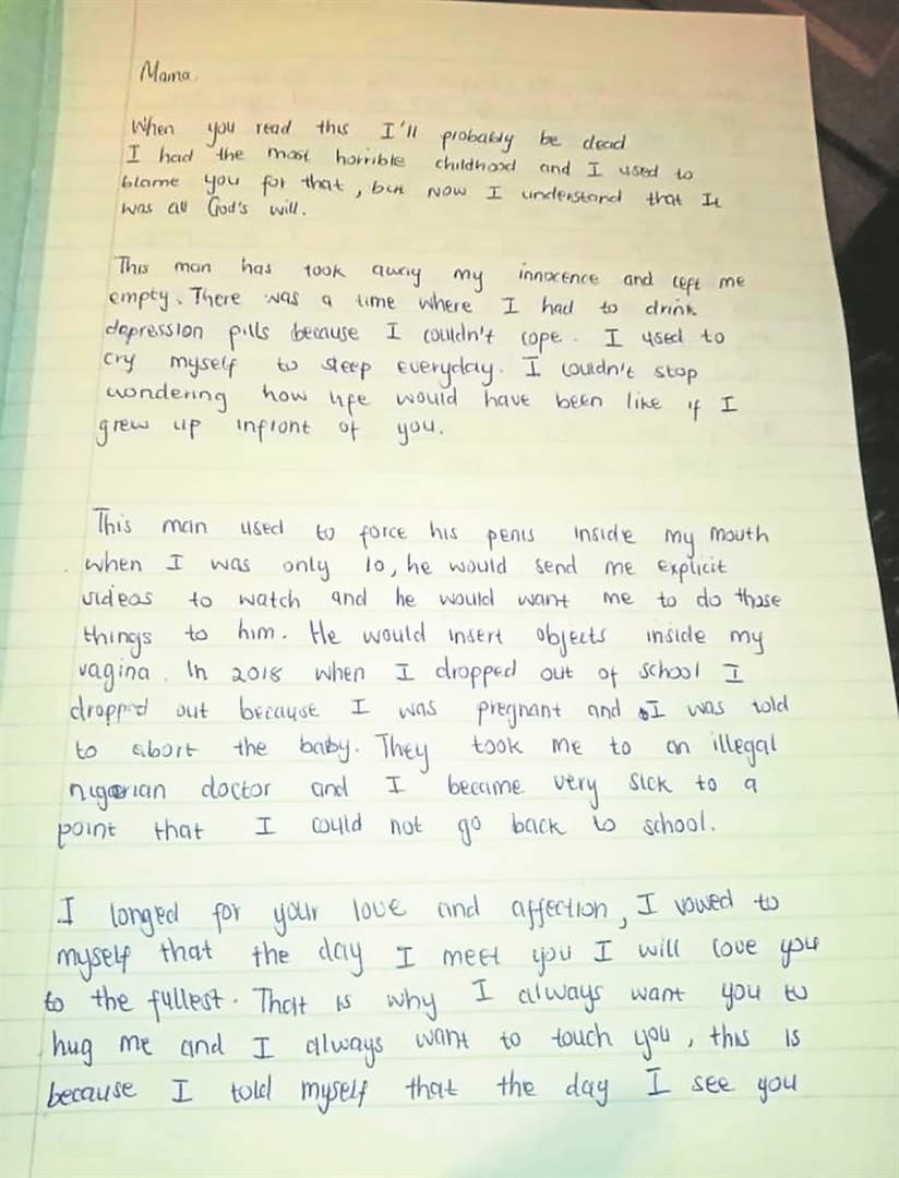 The letter the alleged rape victim wrote to her mum as to why she wants to kill herself.