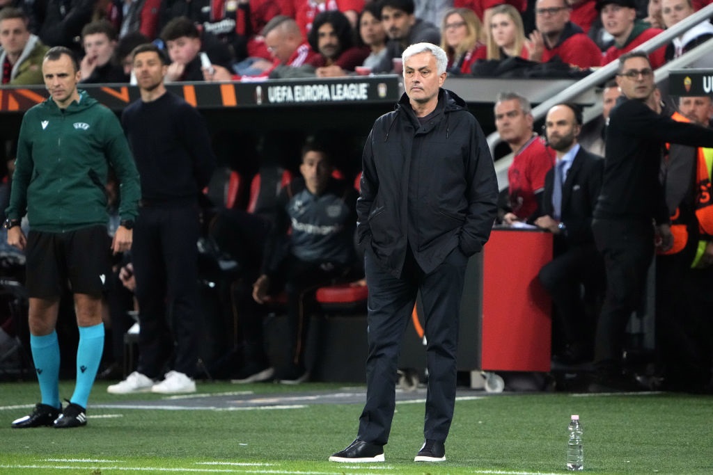 LEVERKUSEN, GERMANY - MAY 18: AS Roma coach JosÃ¨ Mourinho in action during the UEFA Europa League semi-final second leg match between Bayer 04 Leverkusen and AS Roma at BayArena on May 18, 2023 in Leverkusen, Germany. (Photo by Koji Watanabe/Getty Images)