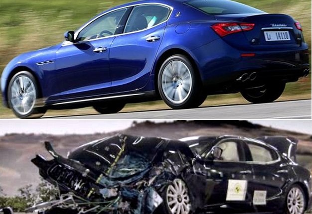 <b>SAFETY ISN’T A LUXURY:</b> It’s painful to watch a vehicle as beautiful as the SA-bound Maserati Ghibli being trashed but it’s for the best, as the first diesel-powered Maserati received a five-star Euro NCAP rating. <i>Image: NEWSMARKET</i>