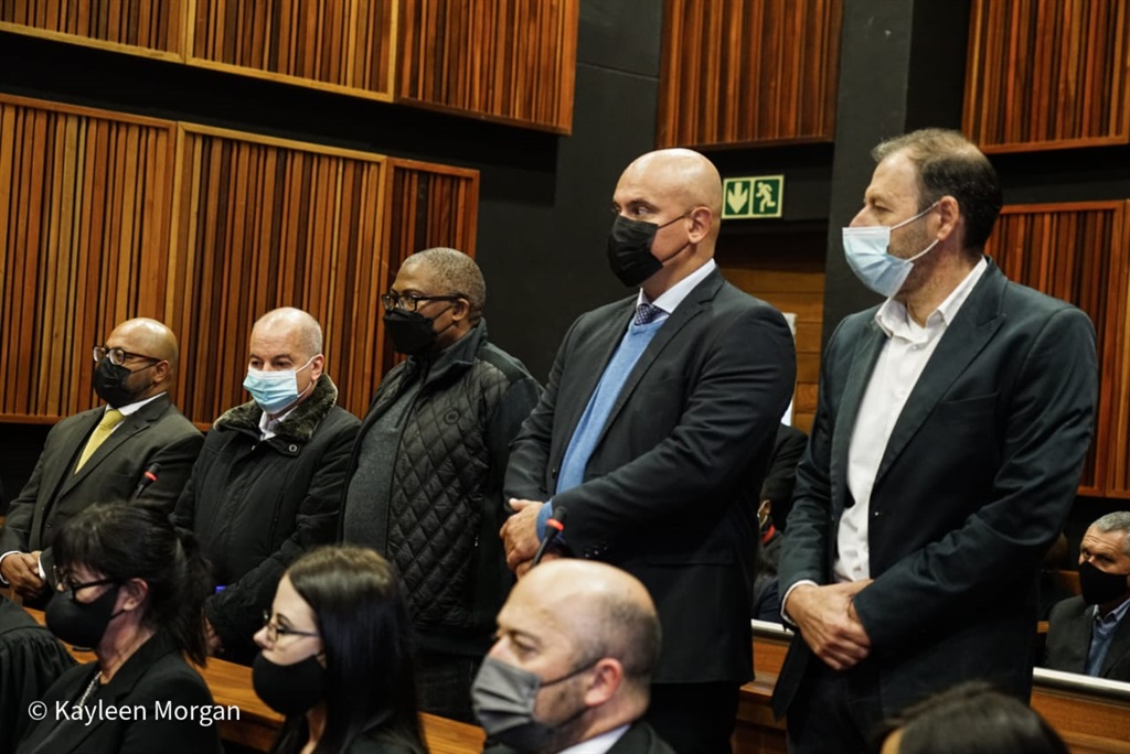 Former group CEO of Transnet Siyabonga. Gama (centre) and other co-accused at the Palm Ridge Magistrate's Court. Picture: Kayleen Morgan