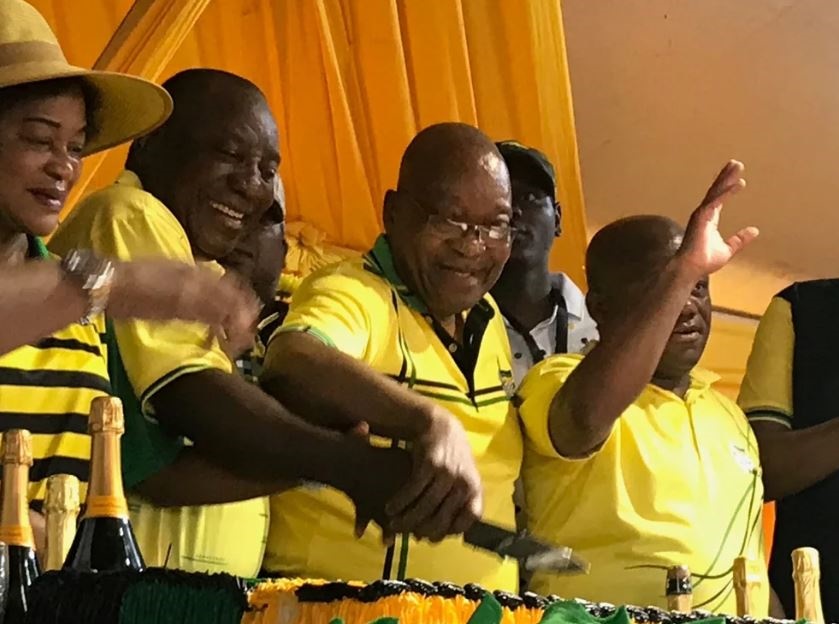President Cyril Ramaphosa and former president Jacob Zuma celebrating 107 years of the ANC. (Tshidi Madia, News24)