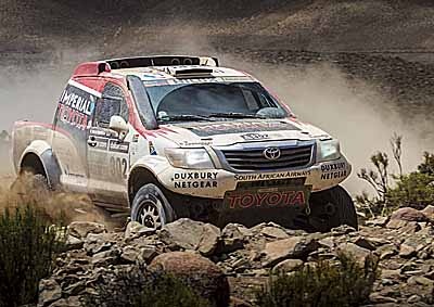 <b>GINIEL STILL MOVING UP:</b> South Africa’s Giniel de Villiers and German co-driver Dirk von Zitzewitz (Toyota Imperial Hilux) moved into third overall on Sunday's Stage 7 after starting the day fourth. <i>Image: Supplied:</i>