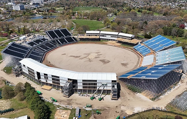 In an aerial view, construction continues on the Nassau County International Cricket Stadium at Eisenhower Park in East Meadow, New York. The site will be the host to the ICC World Cup 2024 in June of this year. (Bruce Bennett/Getty Images)