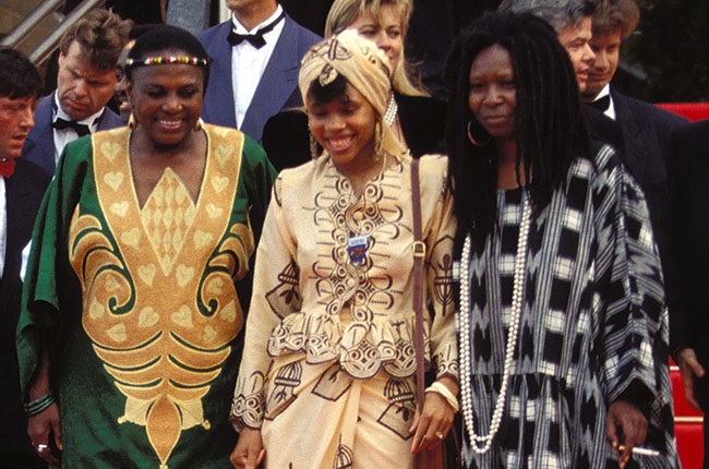 Miriam Makeba, Leleti Khumalo and Whoopi Goldberg attend the red carpet premiere of Sarafina! at the 1992 Cannes Film Festival.