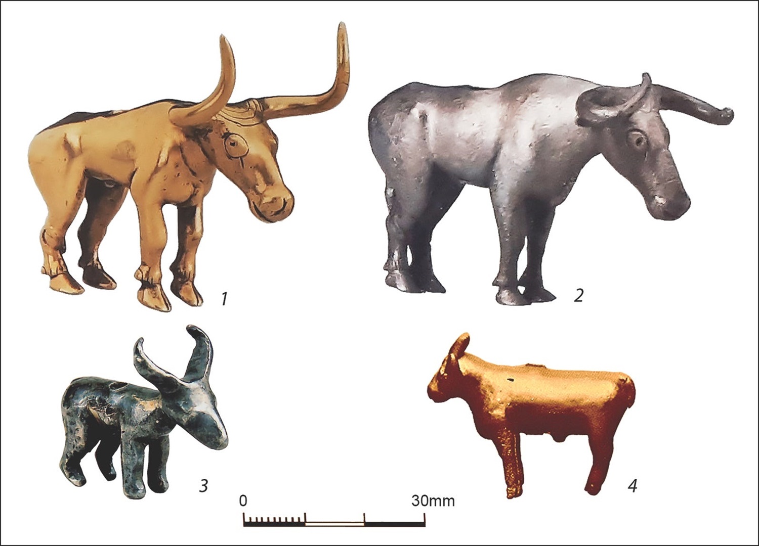 The bull figurines that accompanied the Maikop tubes. Viktor Trifonov/Courtesy of Antiquity Publications