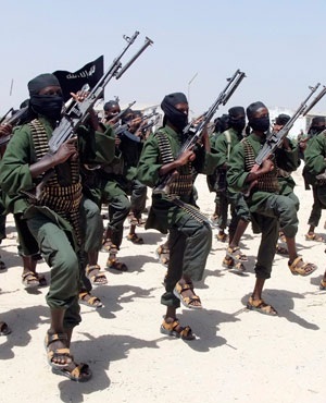 Hundreds of newly trained al-Shabaab fighters perform military exercises in the Lafofe area some 18km south of Mogadishu, in Somalia. (Farah Abdi Warsameh, AP/File)