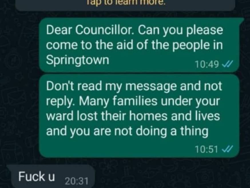 Messages between Durban councillor Themba Mkhize and a Springtown resident.
