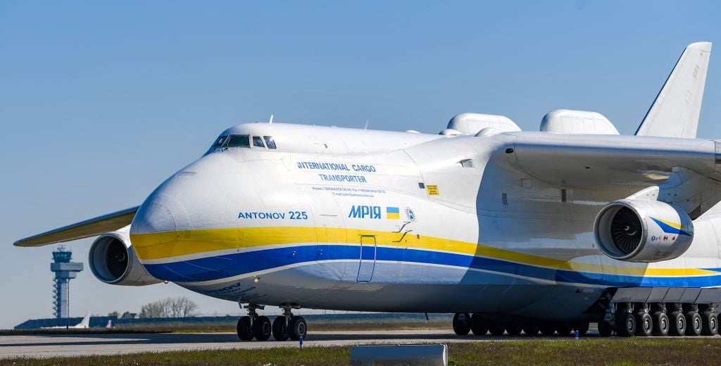 The world's largest cargo aircraft, an Antonov 225 - was destroyed by Russian forces. (Photo by Hendrik Schmidt/picture alliance via Getty Images)