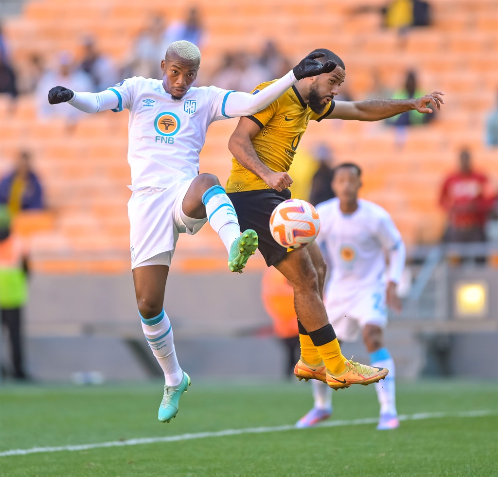 Khanyisa Mayo of Cape Town City and Reeve Frosler of Kaizer Chiefs during the DStv Premiership 2022/23 match between Kaizer Chiefs and Cape Town City held at the FNB Stadium in Johannesburg on 20 May 2023 
