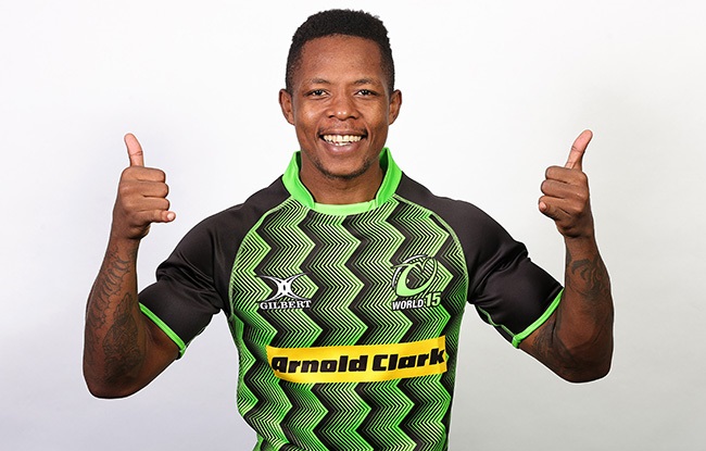 Sbu Nkosi poses during a World XV squad portraits session. (Photo by David Rogers/Getty Images for Barbarians )