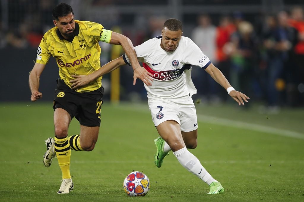 DORTMUND - (l-r) Emre Can of Borussia Dortmund, Kylian Mbappe of Paris Saint-Germain during the UEFA Champions League semi-final match between Borussia Dortmund and Paris Saint Germain at Signal Iduna Park on May 1, 2024 in Dortmund, Germany. ANP / Hollandse Hoogte / BART STOUTJESDIJK (Photo by ANP via Getty Images)