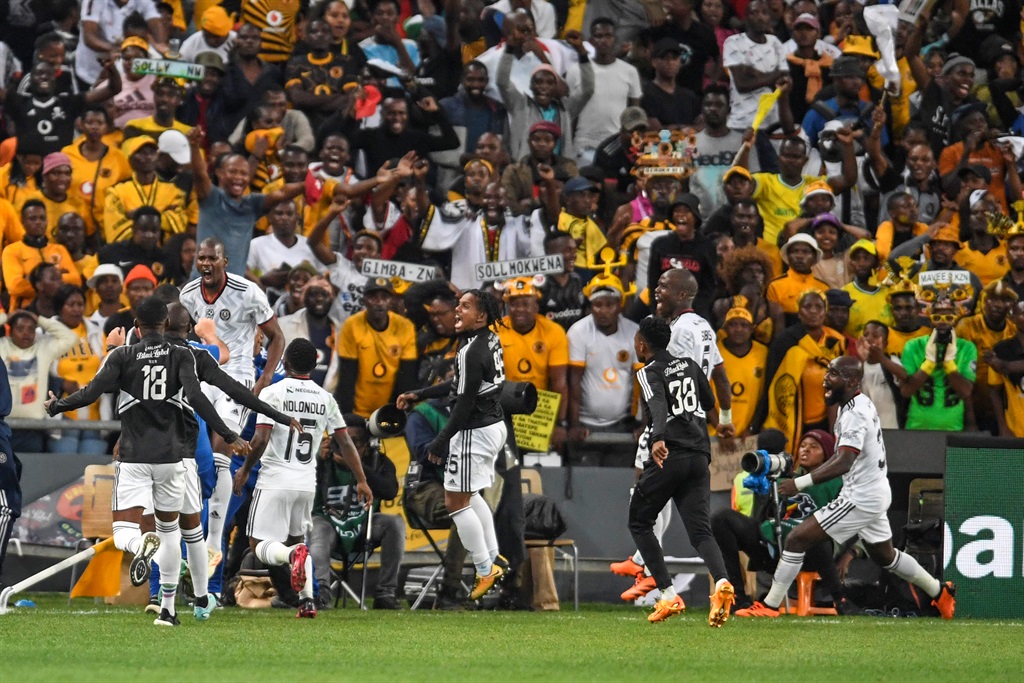 Sandile Mthethwa of Orlando Pirates celebrates his goal with teammates during the Nedbank Cup semi final match between Kaizer Chiefs and Orlando Pirates at FNB Stadium on May 06, 2023 in Johannesburg, South Africa. 