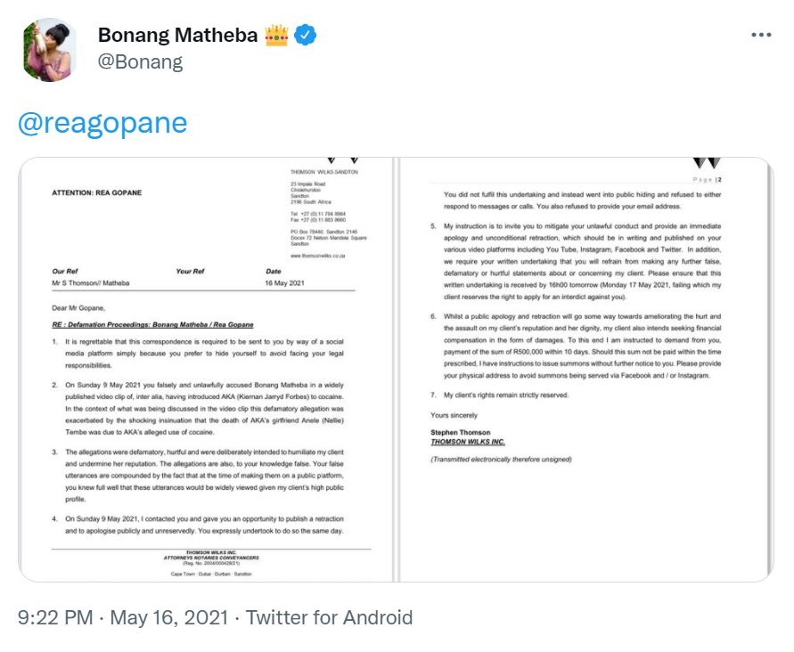Bonang Tweet lawyer letter