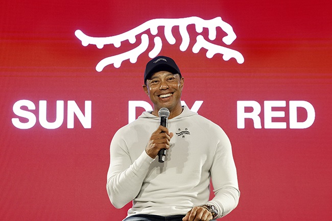Tiger Woods speaks during the launch of his new apparel and footwear brand Sun Day Red at Palisades Village in Pacific Palisades, California on 12 February 2024. (Photo by Kevork Djansezian/Getty Images)