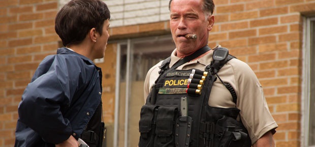 Arnold Schwarzenegger in a scene from Sabotage (DEA Production, LLC)