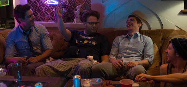 Zac Efron, Seth Rogen, Dave Franco and Christopher Mintz-Plasse in a scene from Neighbors (Universal)