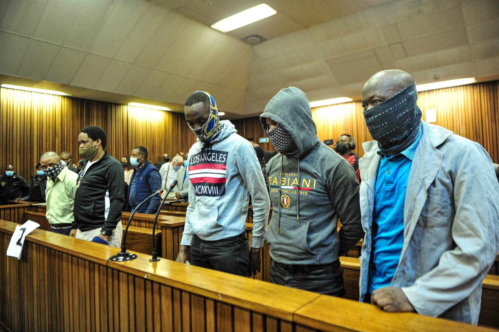 The five men accused of killing football star Senzo Meyiwa in the dock the Pretoria High Court on Monday. The trial against the five men has been postponed to April 12. Meyiwa was shot dead eight years ago in Vosloorus. Photo: Rosetta Msimango