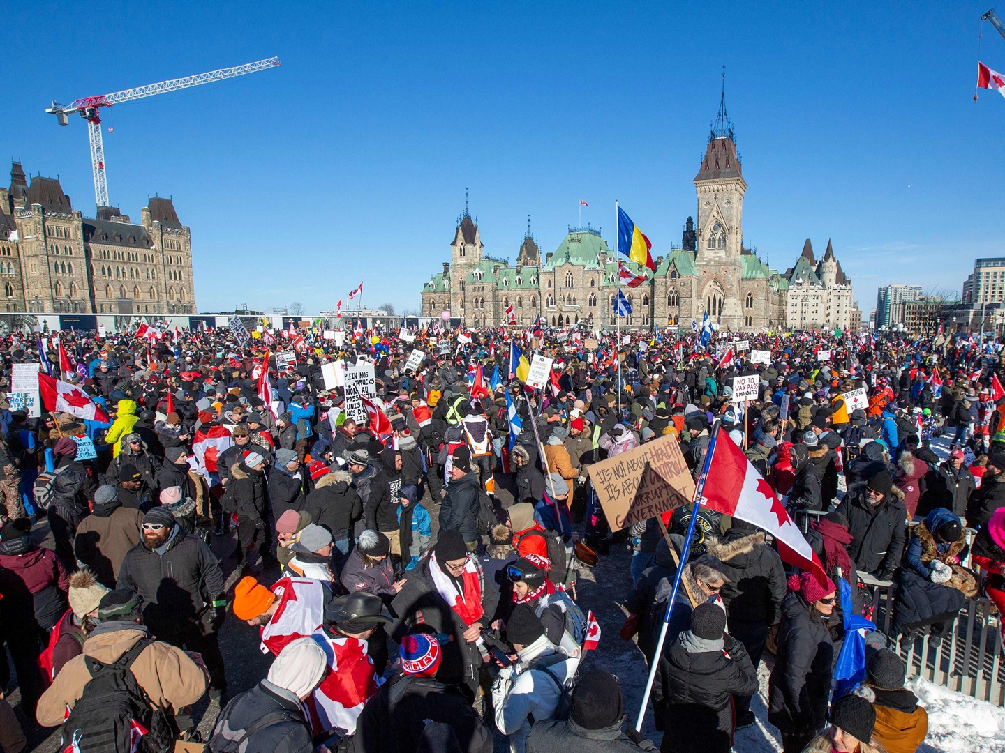 Supporters arrive at Parliament Hill for the Freedom Truck Convoy to protest against Covid-19 vaccine mandates and restrictions in Ottawa, Canada, on January 29, 2022. Lars Hagberg/AFP/Getty Images
